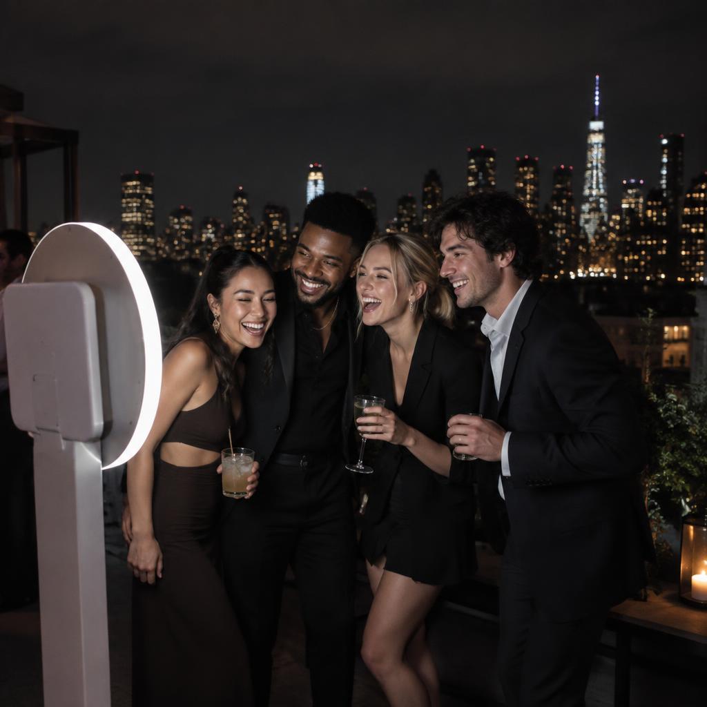 Guests posing at a Platinum Booth Co photo booth on a Brooklyn rooftop